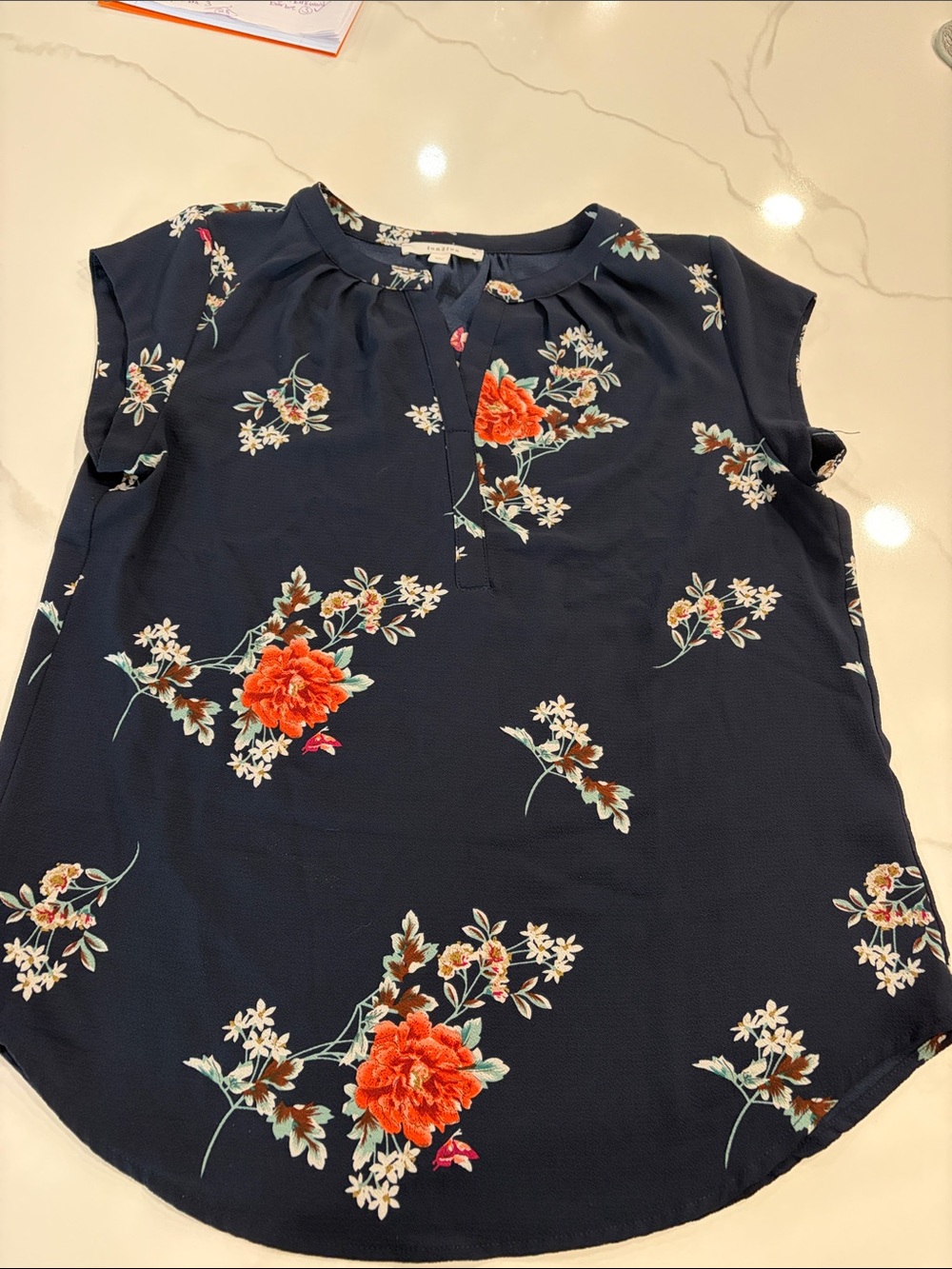 Womens Navy Floral Short-Sleeve Blouse